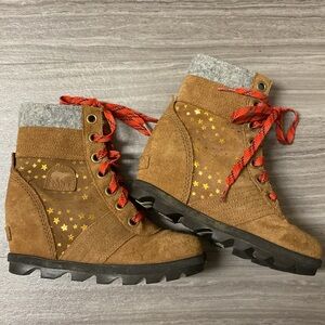 SOREL Lexie Wedge Boots Bootie Youth 2 Sparkle Star Leather Lace Up